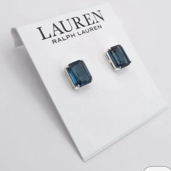 Lauren Ralph Lauren Silver Tone & Deep Blue Square Stud Earrings - NWT ** - Picture 3 of 4